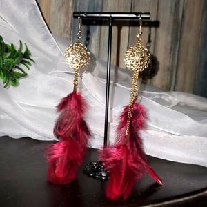 BOHO Vintage Style Feather tassel drop dangle earrings Burgendy